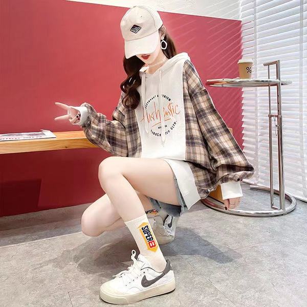Embroidered minority Plaid stitched Hoodie women's autumn Korean version loose medium and long versatile coat