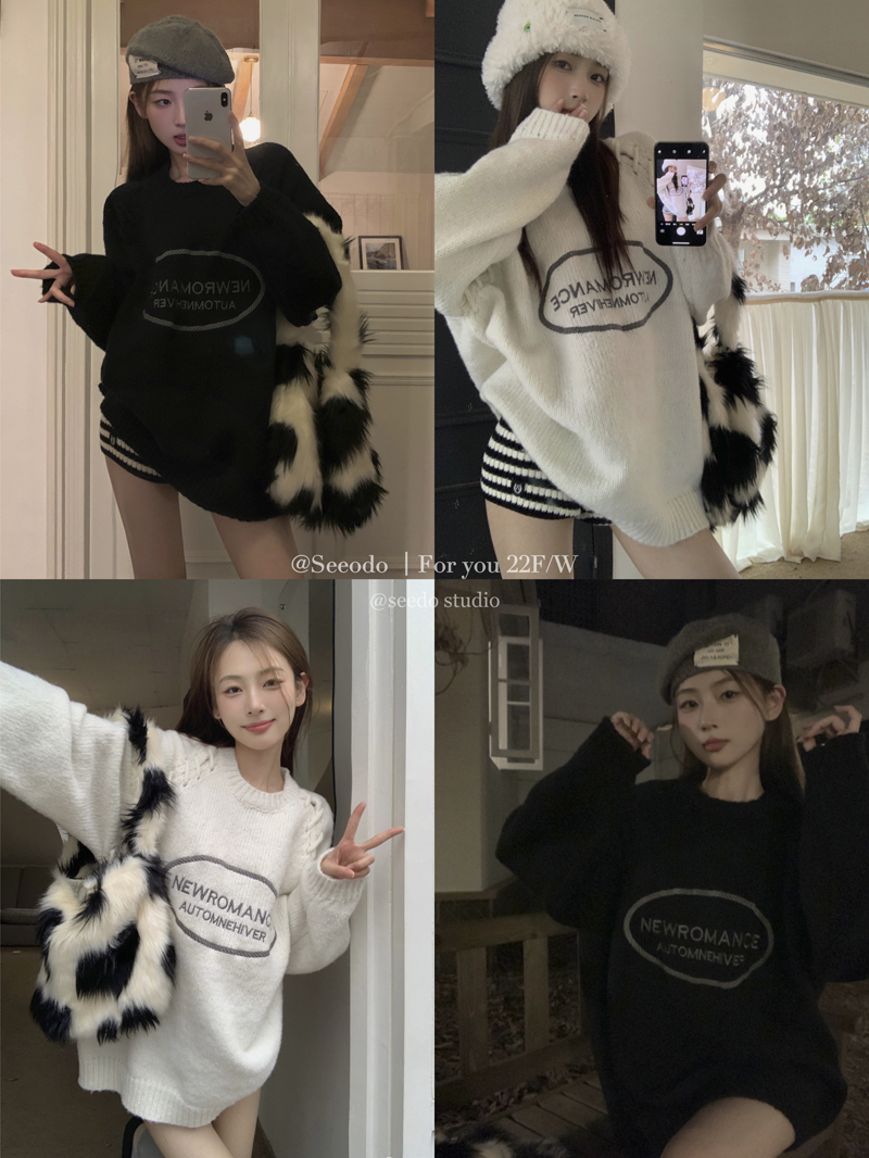 Real shot Niche lace-up design letter embroidery lazy style loose mid-length knitted sweater