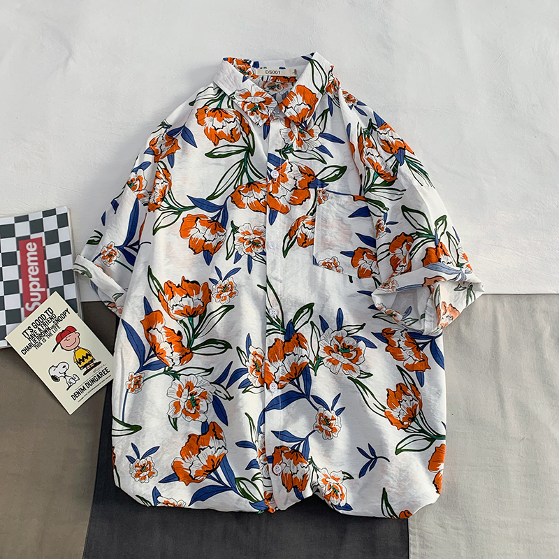 Summer new Japanese men's Hong Kong Style beach lovers Casual Short Sleeve printed shirt