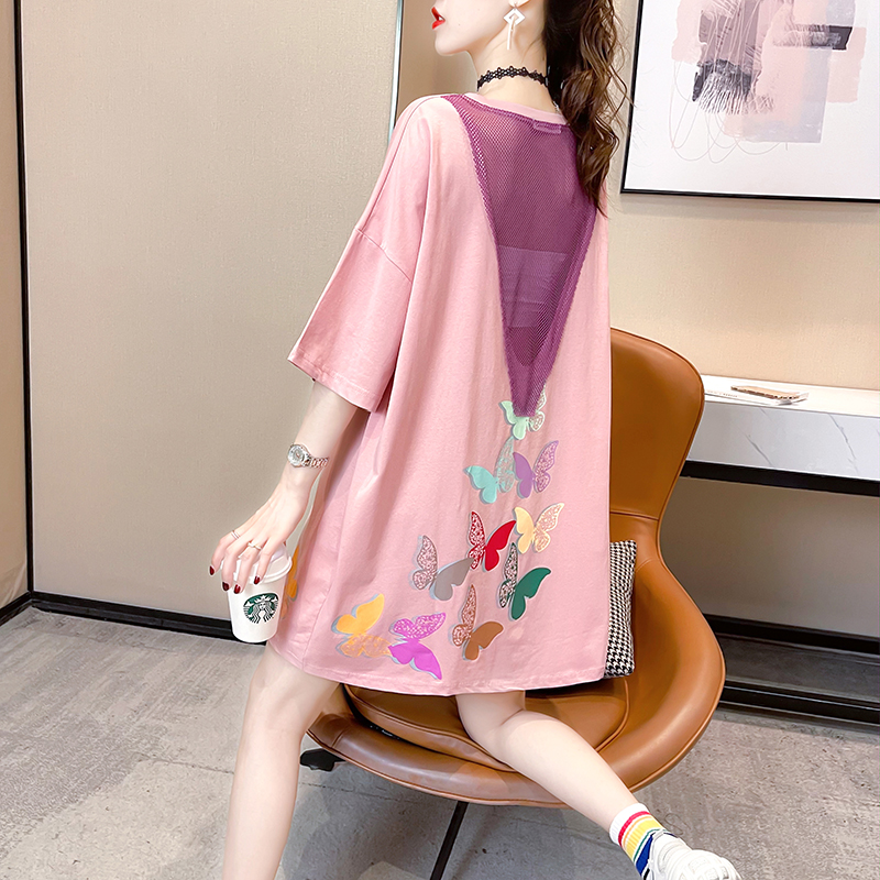 Real shot 6535 cotton 2023 summer sexy lace backless round neck butterfly print short-sleeved T-shirt