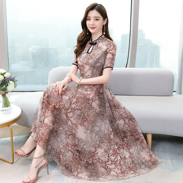 Cheongsam dress summer new short sleeve medium length dress with thin waist