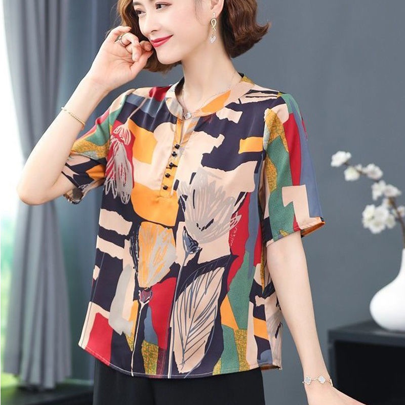 Chiffon short sleeve shirt female mother summer dress standing collar retro Hong Kong Style printed shirt middle-aged and old-age foreign style large women's dress