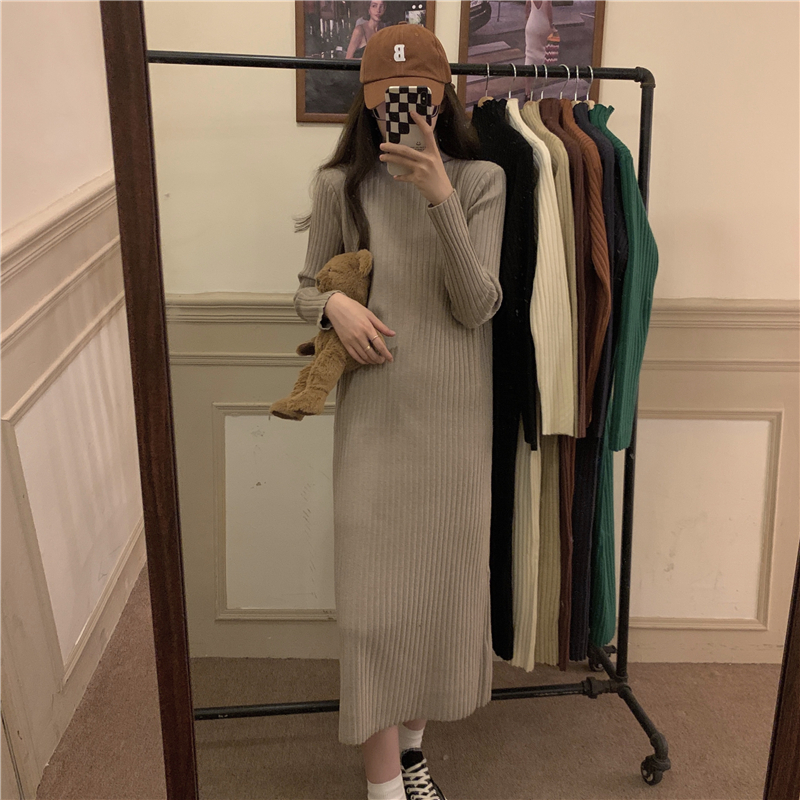 Real price ~ autumn and winter new thickened medium length sweater skirt half high neck knitted dress women's 8 colors