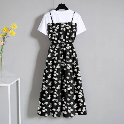 2021 new floral dress fake two-piece suspender skirt small daisy Korean loose student