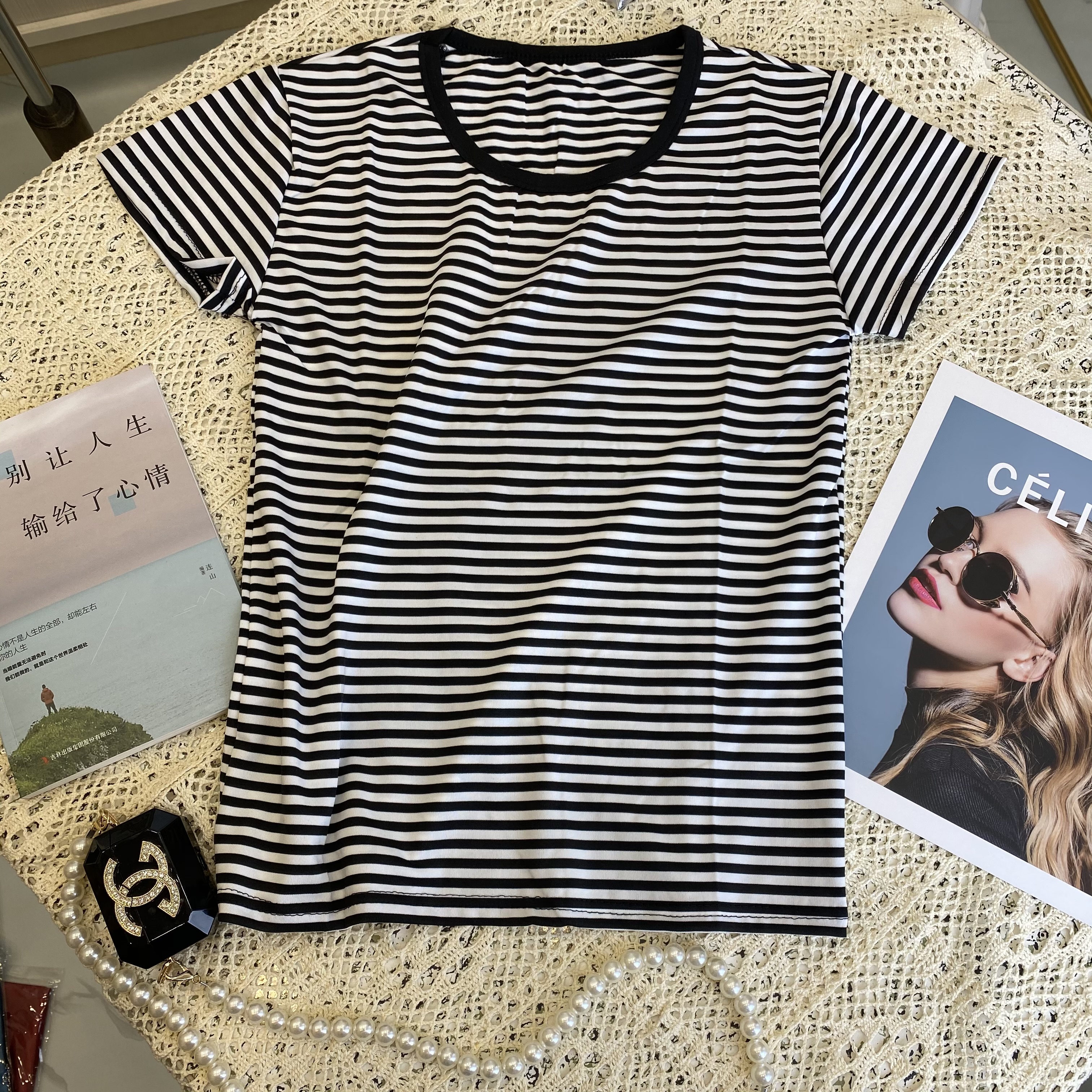 Real shot 2022 summer stripe T-shirt short sleeved women slim in summer solid color with bottomed Shirt Top