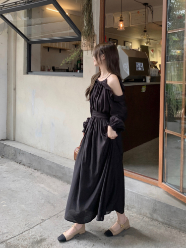 Real shot!  Gentle wind off-shoulder imitation Tencel drape dress women's long-sleeved temperament waist slimming skirt