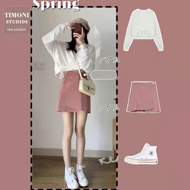 2021 spring dress new style foreign style Hepburn short skirt girl's small figure with two-piece suit of Xiangao sweater