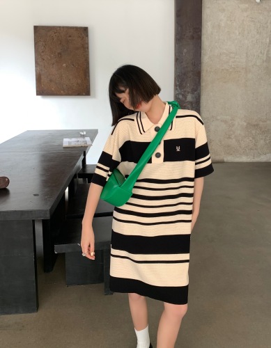 Korean creative stripe knitted medium and long skirt female  summer temperament aging student dress