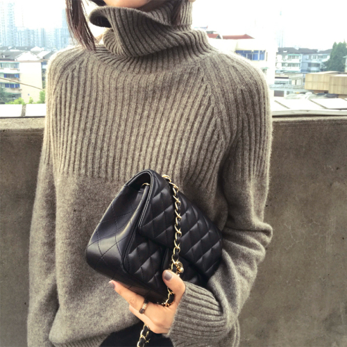 Autumn and winter cashmere sweater women's loose and lazy wool knitting high collar large solid color thickened bottom sweater European fashion