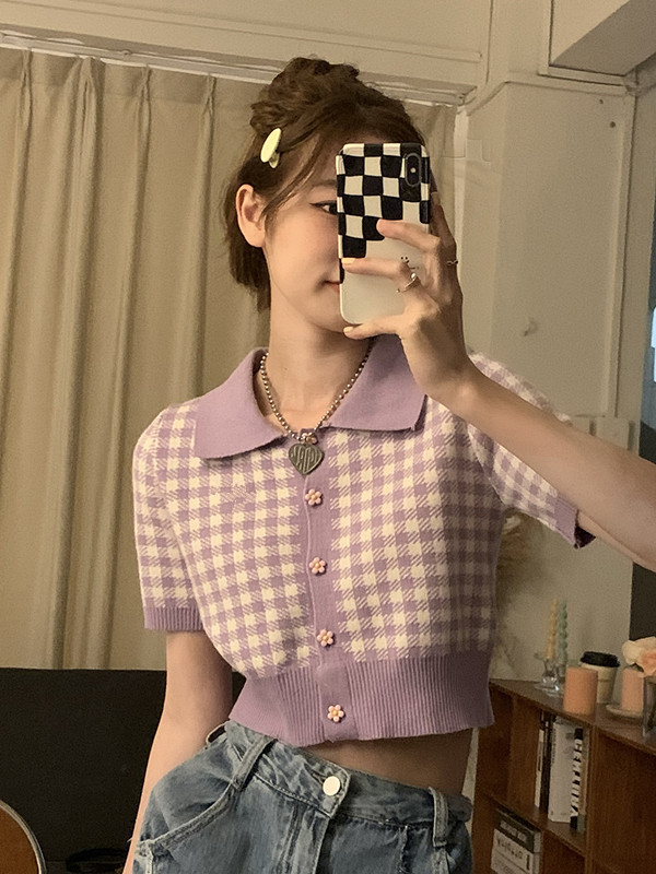 Escape the earth Japanese sweet lattice color matching short slim knit top women's fashion brand Lapel cardigan