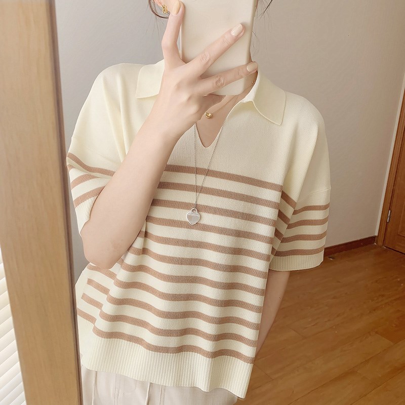 2022 new polo collar stripe loose short sleeve knitted T-shirt women's summer design sense of niche top trend