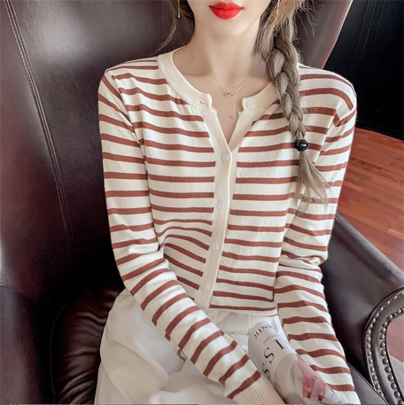 Cardigan knitted jacket women's 2022 new autumn and winter Korean version is thin and loose V-neck top cashmere striped sweater