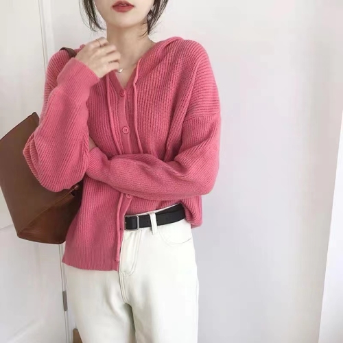 Hooded knitted cardigan women's autumn and winter Korean version loose solid color lazy wind with knitted sweater cardigan in autumn