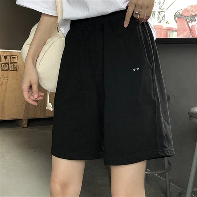 Official figure Capri Pants women's loose wide leg leisure sports elastic waist embroidered hot pants shorts women's fashionable pants