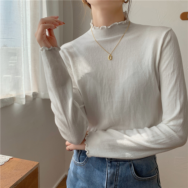 Real shot autumn and winter basic versatile solid color ear edge small high collar knitted bottoming shirt