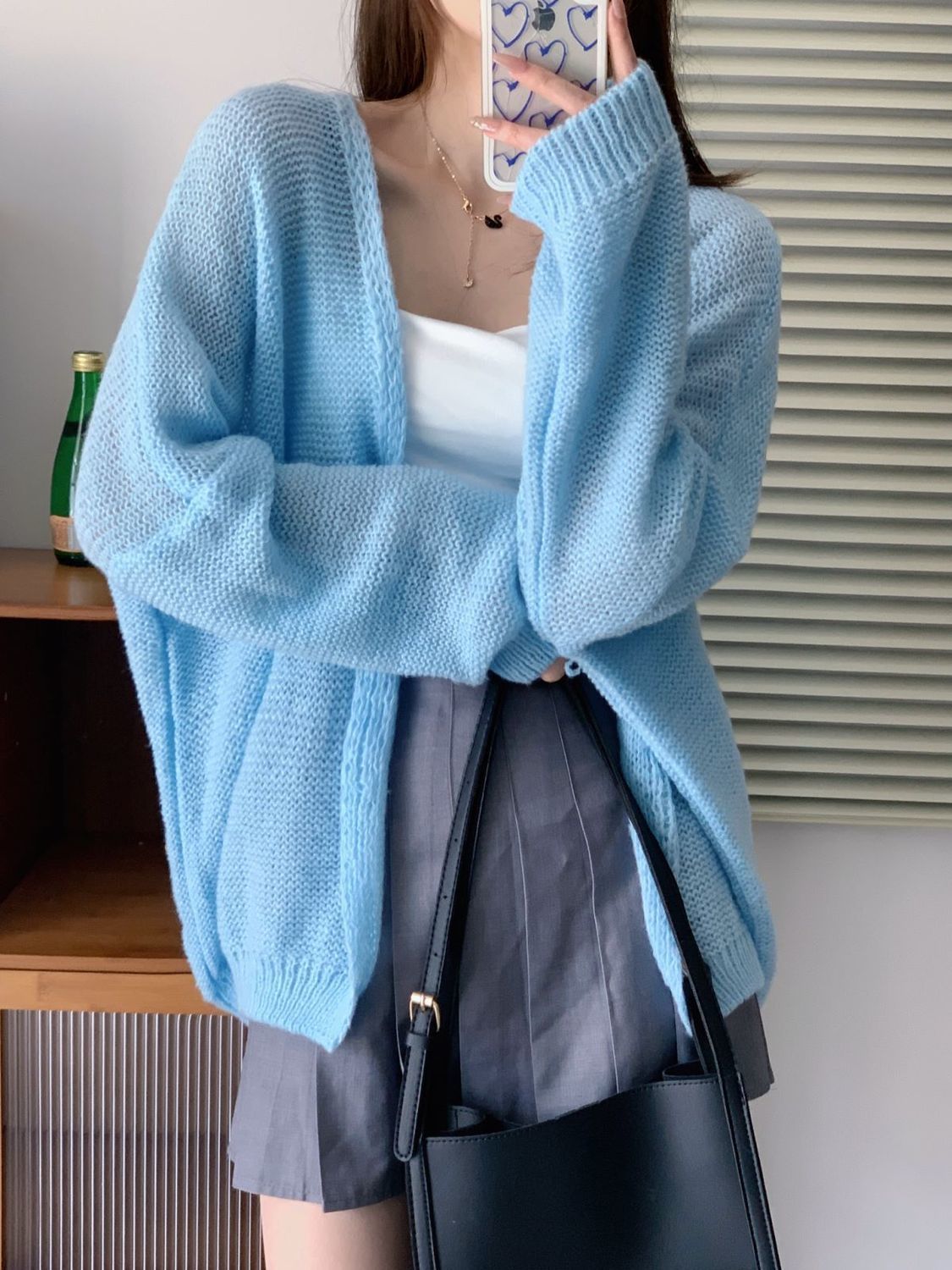 Mohair sweater women's thin knitted cardigan, lazy style, loose outer layer, 2022 early spring smog soft milk blue coat