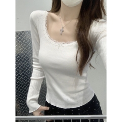 Real shot Autumn and winter Korean style pure desire lace splicing jacquard versatile slimming cotton long-sleeved T-shirt top for women