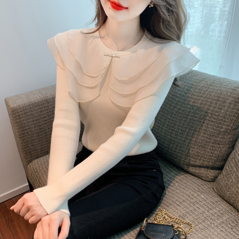 Real shot 2022 new semi-high round neck design sense knitted autumn and winter lotus leaf bottoming shirt top
