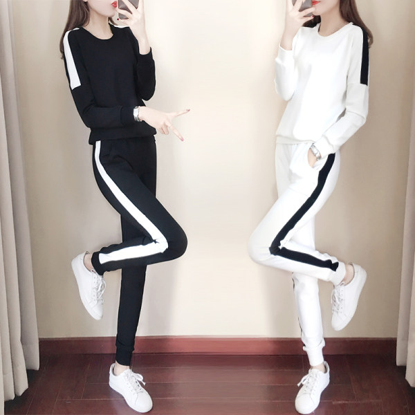Sports suit women's spring and Autumn New Korean loose black and white running sportswear two-piece suit