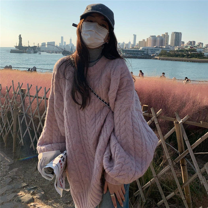 Lazy wind retro soft waxy round neck pullover thickened twist sweater female student loose all-match outer wear sweater trend