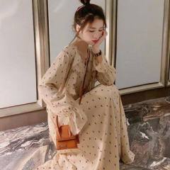 Autumn 2020 new long skirt super Fairy Forest waistline show thin temperament long sleeve bottom Floral Dress