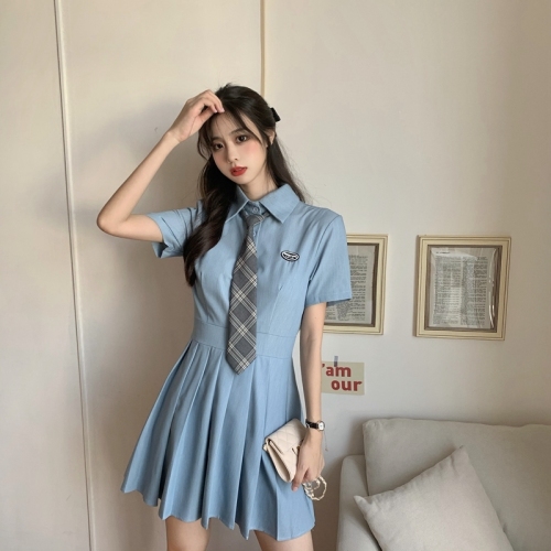 Real shot real price ~ Korean college Polo neckline pleated skirt uniform dress with tie