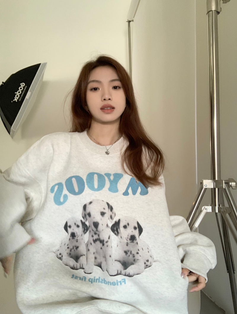 310g imitation cotton interwoven fabric winter thickened fleece sweater women's round neck print back bag
