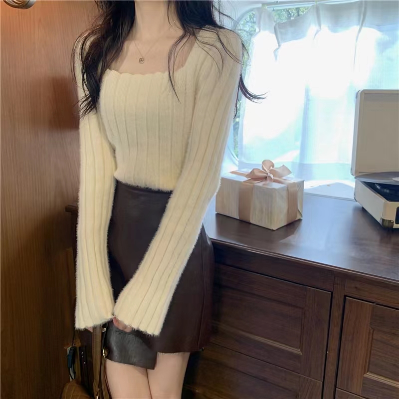 Real price new vintage pure style square neck short slim knit sweater