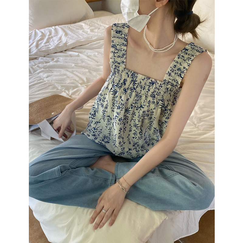Weft elastic floral retro vest for women summer loose and high-end temperament casual sleeveless top