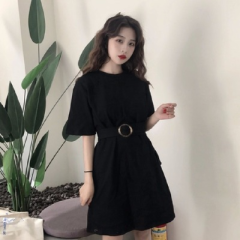 Medium length loose and all-around waistband solid short sleeve T-shirt dress
