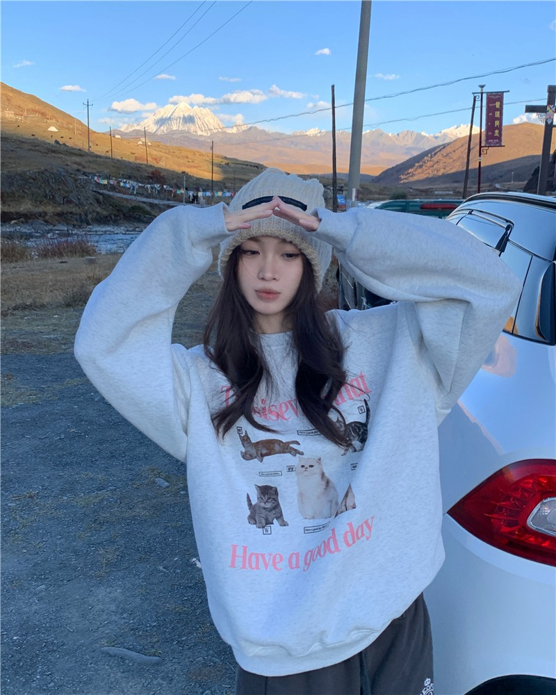 Official picture imitation cotton interwoven fabric winter thickened fleece sweater women's round neck printed long-sleeved top with strips