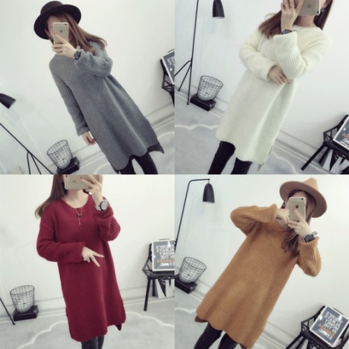 Real-time long sweater thicker Korean version knitted sweater jacket with open-forked thick needle sweater