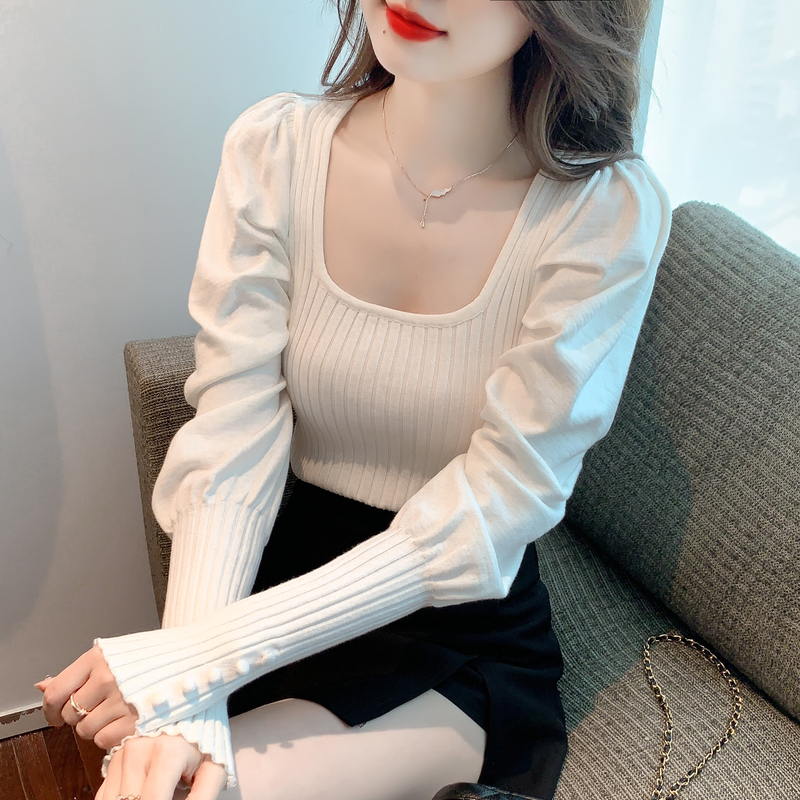 Real shot!  2022 autumn and winter new Korean version pullover slim puff sleeve bottoming shirt knitted sweater top