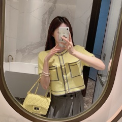 Lemon yellow fragrance round neck knitted cardigan women's 2020 spring new short slim sweater