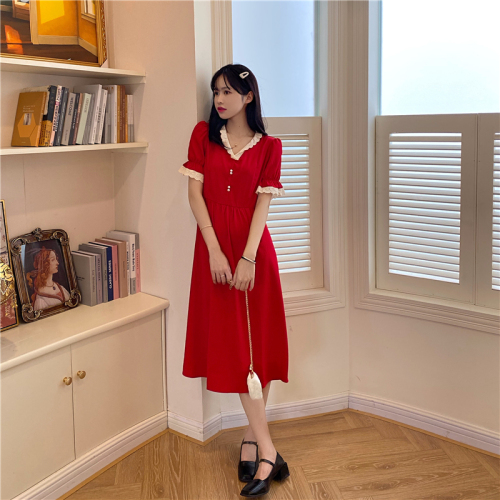 Real shot real price ~ French retro dress women summer new V-neck bubble sleeve red skirt
