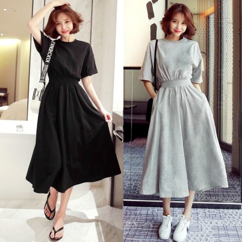 Cotton dress big swing skirt girl 2022 Korean version waist long skirt high waist round neck small black skirt