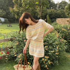 JC antique shop ice silk loose short sleeve T-shirt + French Retro High Waist A-line skirt suit