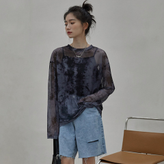 Real shooting 2021 South Korea early autumn new tie dyed perspective mesh long sleeve fashion T-shirt