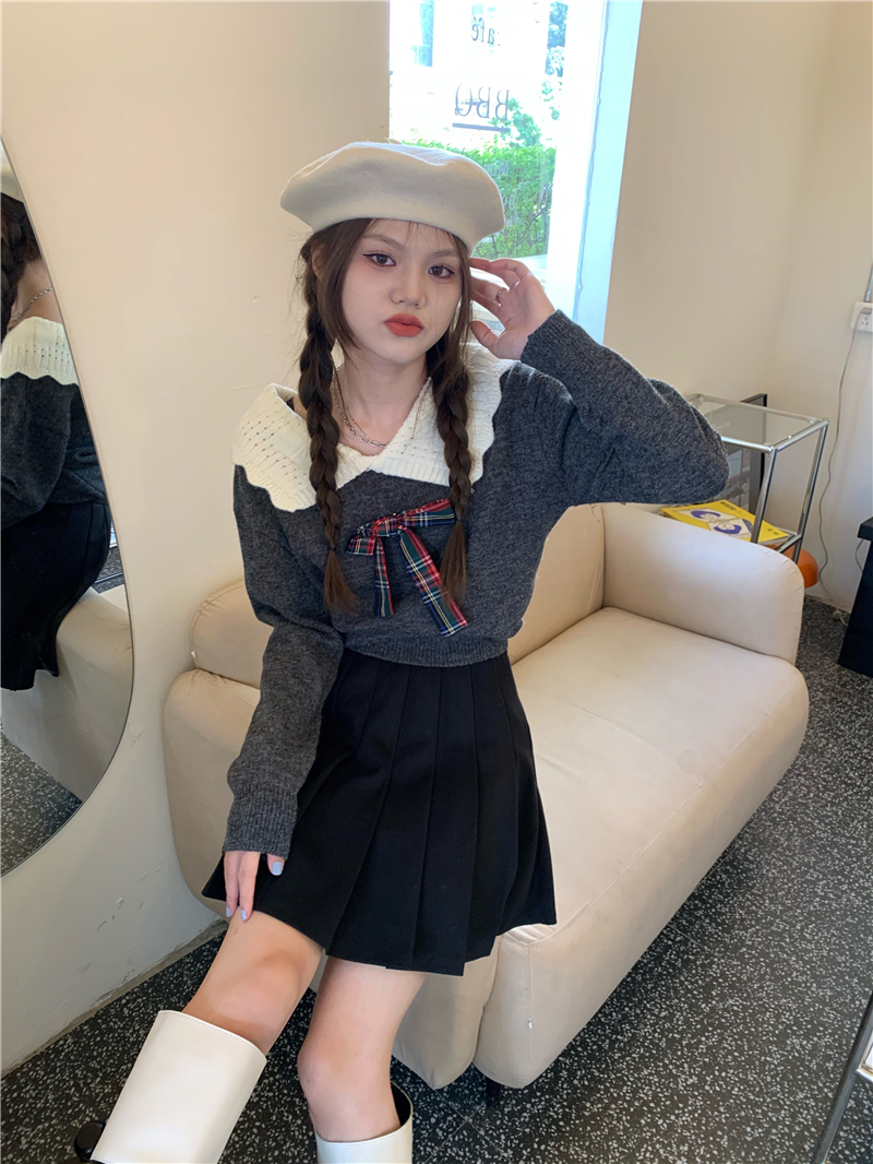 Real auction real price girl doll collar bow loose sweater knitted sweater