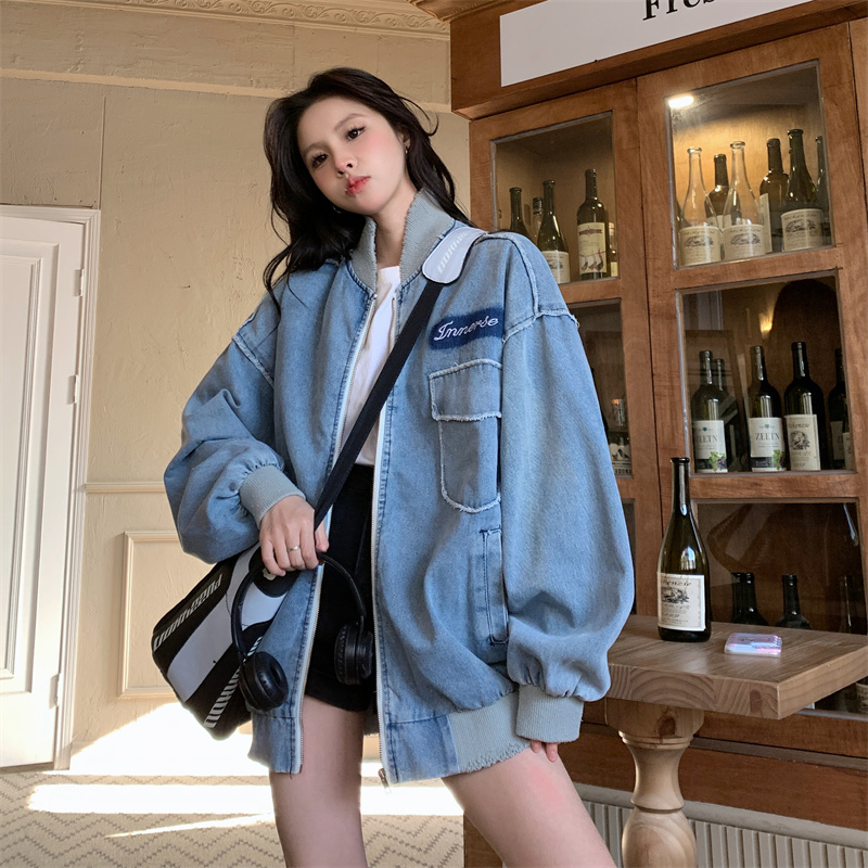 Real price~jacket denim jacket women's spring and autumn new large version loose and versatile letter baseball jacket top trend