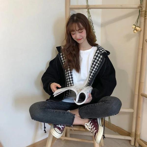 2022 autumn and winter new Korean version loose all-match thin coat women's trendy Harajuku style spring and autumn plaid students