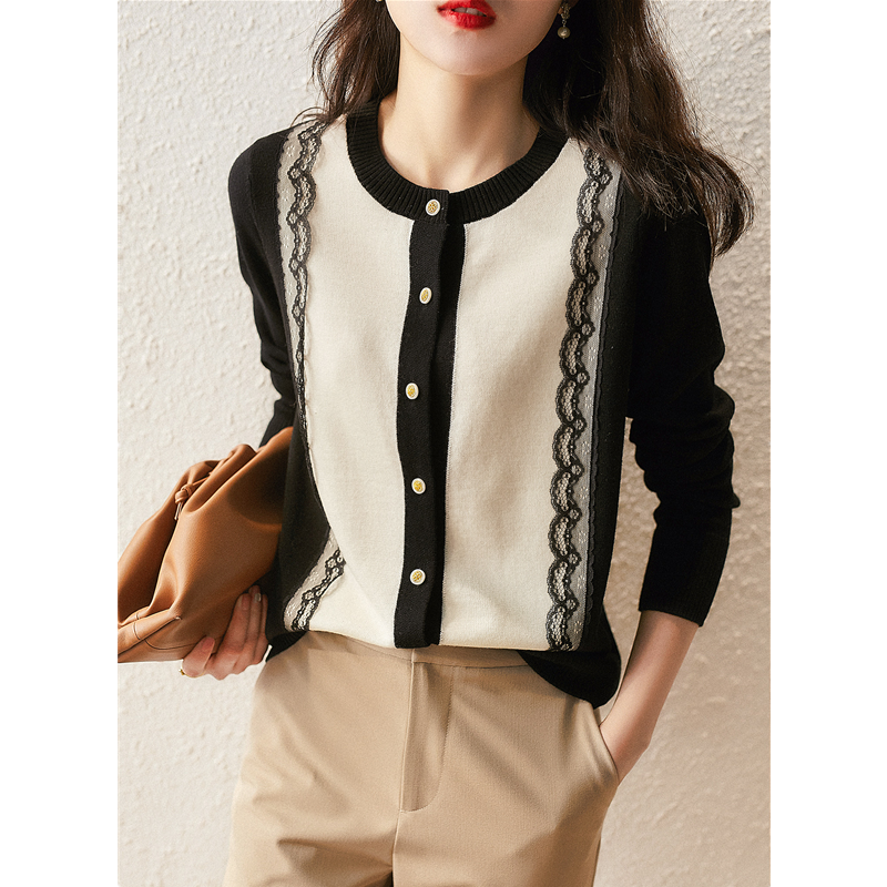 French Chic small shirt spring and autumn contrast lace knitted temperament top long sleeve small fragrance cardigan jacket female