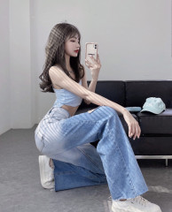 Real price real shot 2021 new hole gradual change high waist loose sag retro beggars wide leg pants floor pants