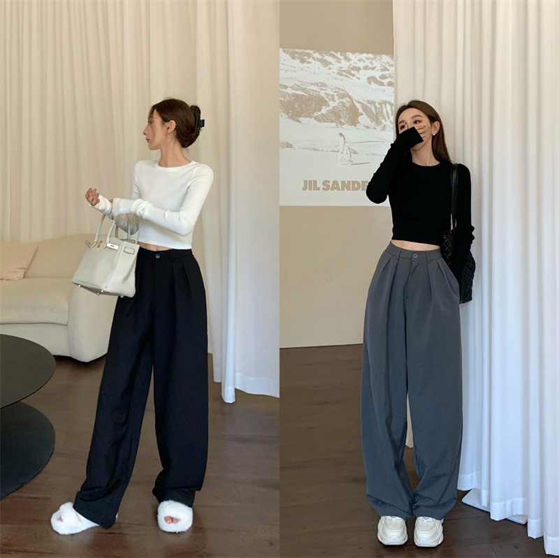 Real shot real price Retro thin knitted top + high waist straight wide leg trousers