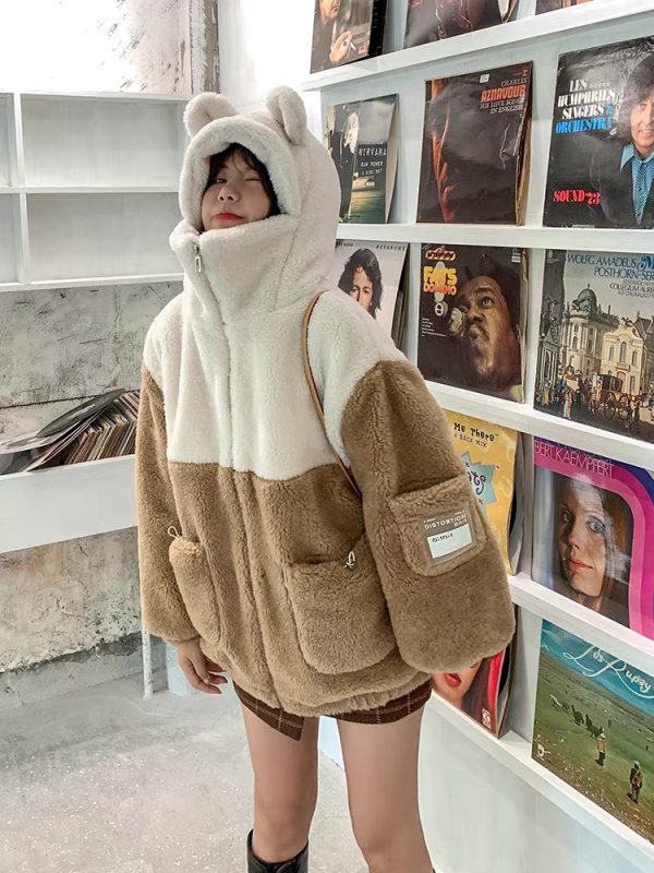 2021 winter cute bear ear fur coat women's warm hooded Lamb Fur imitation fur coat