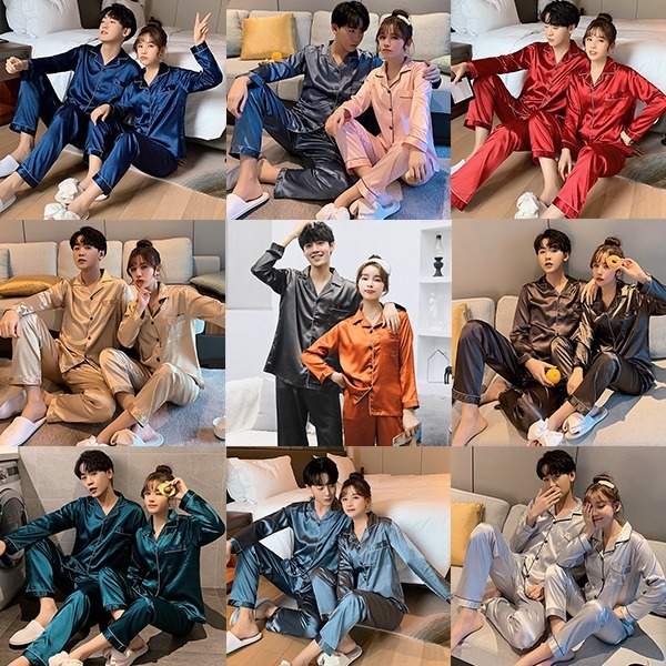 Real shooting 2022 new couple pajamas ice silk long sleeves comfortable simulation silk spring and autumn cardigan simple home clothes