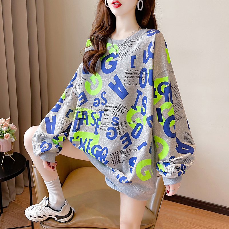 Real shooting cotton fiber graffiti printed sweater women's new Korean loose full printed autumn long sleeved top