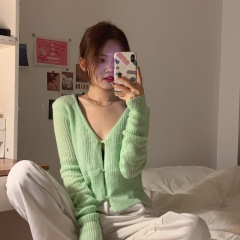 Real shot real price versatile thin single breasted collar knitted cardigan