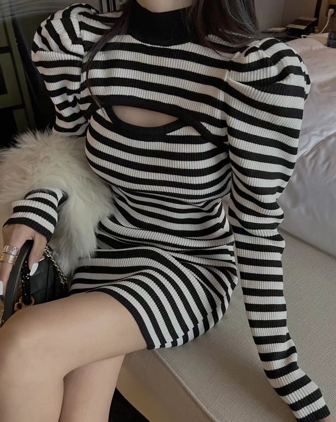Winter new Korean version temperament thin fake two-piece design puff sleeve knitted dress bag hip skirt female