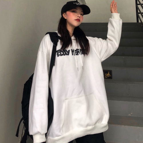 300g composite double hat letter printed hooded and fleece sweater women's new fall / winter 2020 loose coat